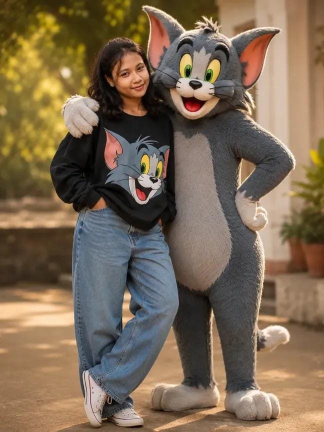 a girl standing with big Tom puppet.